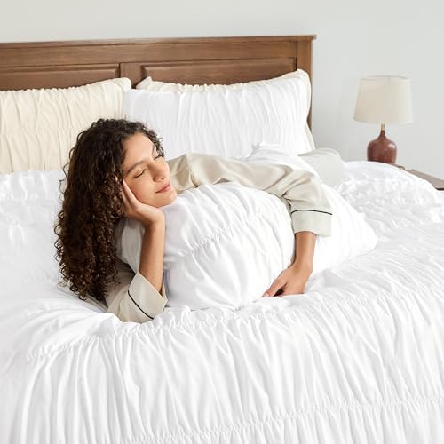 Andency Ruched White Full Size Comforter Sets, Shabby Chic Pleatd Bedding Sets 3 Pieces, Lightweight Soft Boho Ruffle Bed Set for Girls, Kids, Women, All Season Andency