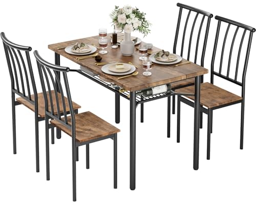SLEKVERSA Rustic Wooden Dining Table Set for 4, 4-Piece Farmhouse Kitchen Table with 1.18" Thickened Tabletop, Chairs & Adjustable Legs, Space-Saving Dining Furniture for Apartment & Small Spaces, Ret SLEKVERSA