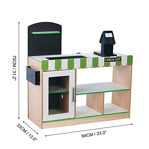 Teamson Kids Cashier Austin Interactive Wooden Play Market Stand with Lights and Sounds, Manual Conveyor Belt, Register and Display Spaces, Green and White Décor on Natural Wood Teamson Kids
