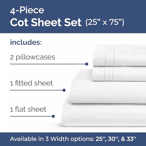 Cot Sheet Set 25” x 75” – Easy-Fit Cot Size Mattress Sheets – Ideal for Narrow Twin, Camper Bunk, RVs, Twin Bunks, Day Care and Camping Cots - Cot Size Fitted Sheet fits 6” to 10” Mattresses – White CGK Unlimited