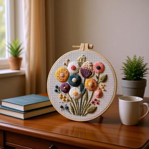 JJFox Embroidery Kit for Beginners and Adults, DIY Hand Embroidery Starter Kit with Cute Pattern, Cross Stitch Needlepoint Set with Hoop, Threads and Instructions (Flower)