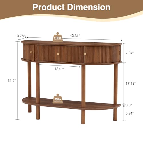 XUZENEST 43.3“ Fluted Half Moon Console Table, Modern Entryway Console Sofa Table with Storage, Narrow Wood Accent Tables Behind Couch Tables for Living Room, Hallway, Foyer(Walnut) XUZENEST