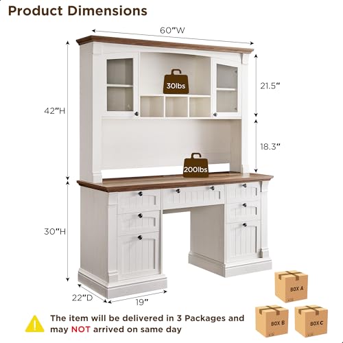 OKD 60" Executive Desk with Hutch and Drawers, Farmhouse Home Office Desk with Charging Station, Keyboard Tray, File Cabinet Storage, Wood Computer Desk for Work and Study, Antique White OKD