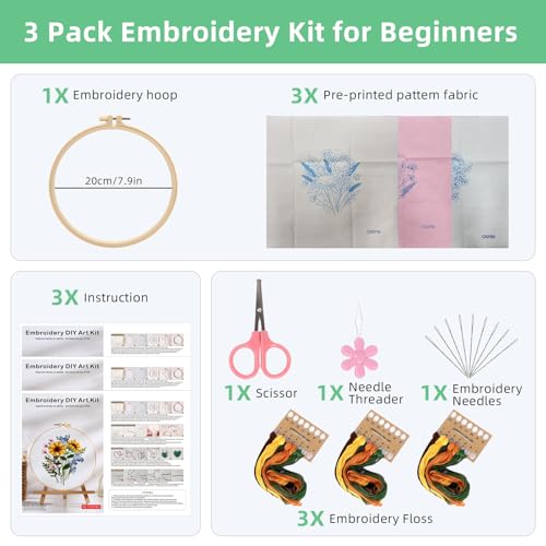 Herdiese Embroidery Kit for Beginners & Adults, 3 PCS Cross Stitch Kit with Floral Patterns – Complete Starter Set with Hoop, Pre-Printed Fabrics, Threads, 9 Needles & Scissors