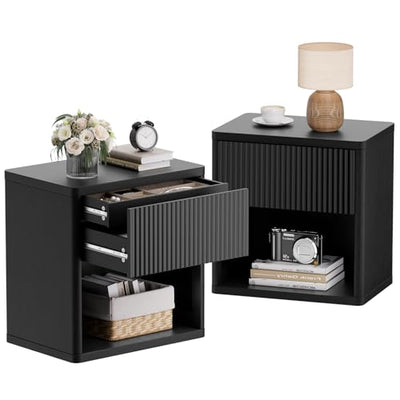 Yechen 22.8" W Black Nightstand Set of 2 with Hidden Drawers and Open Shelves, Mid Century Modern Nightstand Curved Profile, Large Wood Fluted Night Stand, Accent Bedside End Table
