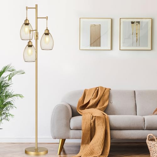 Dimmable Industrial Floor Lamps for Living Room, Gold Tree Standing Tall Lamps with 3 Elegant Teardrop Cage Head & 800 Lumens LED Bulbs for Bedroom Office Torondo