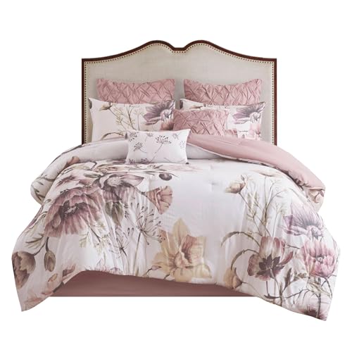 Madison Park Floral King Comforter Set, Cotton Rich Bedding Set Feminine Design Shabby Chic King Size Comforter Sets, All Season Bed Cover with Shams, Bed Skirt, Décor Pillow, Blush 8 Piece Madison Park