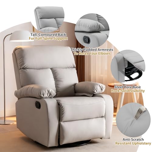 GNMLP2020 Swivel Rocker Recliner, Rocking Recliner Chair, Small Rocker Recliners for Small Spaces, Living Room, Bedroom, Nursery, RV, Light Grey