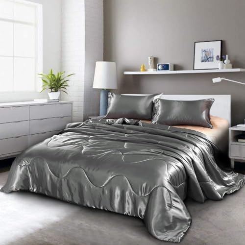 Holawakaka Luxurious Solid Satin Silk Like Comforter Set Ultra Soft Silky Quilt Breathable Bedding Bed-in-A-Bag King Size (Grey) Holawakaka