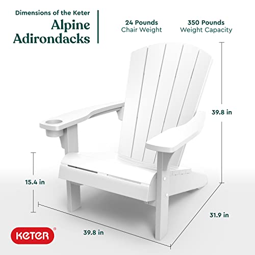 Keter Alpine Adirondack 2 Pack Resin Outdoor Furniture Patio Chairs with Cup Holder-Perfect for Beach, Pool, and Fire Pit Seating, White Keter