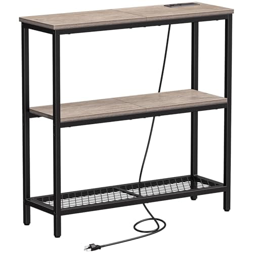 Snughome Console Table with Power Outlets, Entryway Table with Storage, Narrow Sofa Table with 3 Tier Shelves, 2 USB Ports, 2 Power Outlets, Hallway Table for Couch, Living Room, Entrance, Grey Snughome