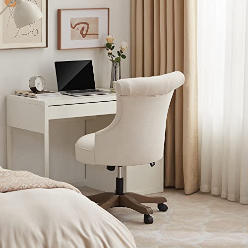 Batohom Home Office Chair Adjustable Height Swivel Chair with Wheels Linen Fabric Upholstered Computer Desk Chair with Wooden Legs Comfortable Armless Chair for Home Office Study Studio(Beige) Batohom