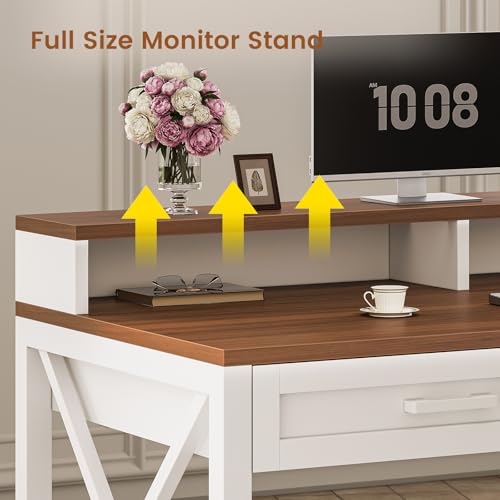 SEDETA Farmhouse Home Office Desk with File Drawer & Power Outlet, Computer Desk with 4 Drawer, Storage Shelves, Printer Cabinet and Monitor Shelf, Gaming Desk with Led Lights, White SEDETA