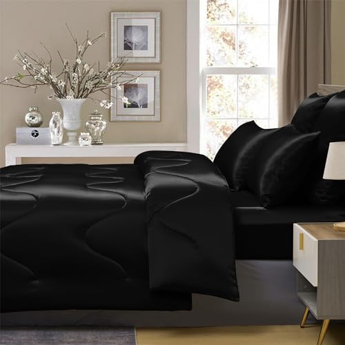 YASMENG Black Satin Silky Comforter Set King Size Summer Cooling Glossy Quilt Set Smooth Touch Luxury Hotel Silk Like Satin Duvet Down Alternative Comforter with 2 Pillowcases for All Seasons YASMENG