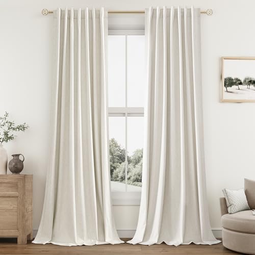 Cream Linen Blackout Curtains 108 Inch Length 2 Panels Set for Living Room Bedroom Back Tab Thermal Insulated 100% Black Out Linen Drapes Room Darkening Window Curtains 108 Inches Long Ivory Natural Guken