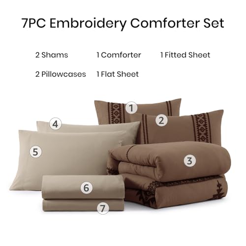 MaiRêve Embroidery Full Size Comforter Set Brown, Farmhouse Western Boho Bedding Set 7 Pieces, All Season Bed in A Bag Comforter Set with Sheets, Pillowcases & Shams MaiRêve