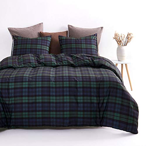 Wake In Cloud - Plaid Comforter Set, Scottish Tartan Check Geometric Modern Pattern Printed, Soft Lightweight Bedding, 3 Pieces, Dark Green, Full Size Wake In Cloud
