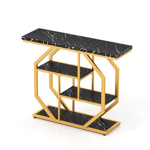 GOFLAME Gold Console Table with Storage, 40” Narrow Long Behind Couch Sofa Table with Black Faux Marble Top, Geometric Frame, 4-Tier Modern Entryway Table for Living Room, Hallway, Entry, Foyer GOFLAME