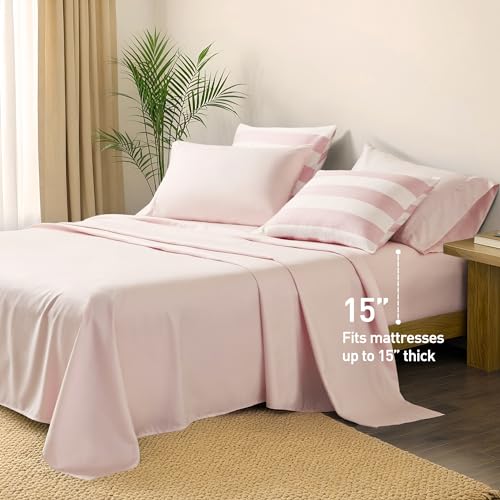 Reversible Striped Twin Comforter Set-Bed in A Bag 5-Pieces Bedding Set with Double-sided Stripes Design-Warm & Cozy Bed Set Includes Twin Size Comforter, Sheets Set, Pillowcase and Sham, Blush Regency Heights
