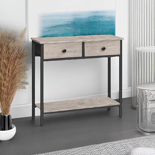 HOOBRO 29.5" Narrow Console Table with 2 Fabric Drawers, Small Entryway Table with 2-Tier Storage Shelves, Sofa Table, Behind Couch Table, for Living Room, Hallway, Greige and Black BG71XG01 HOOBRO