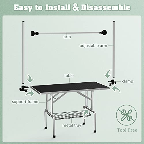Lyromix Dog Grooming Table, Adjustable Large Pet Drying Desktop, Foldable Bathing Desk with Arms, Noose, Mesh Tray, Maximum Capacity Up to 330Lb Lyromix