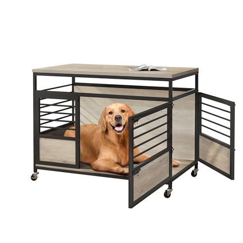 DWVO Dog Crate Furniture, 39.4 Inch Dog Kennel Indoor Furniture with Double Doors, End Table Cage for Large Dogs, Modern Decorative Cage Wooden Dogs Crate Furniture with Wheels, Grey DWVO