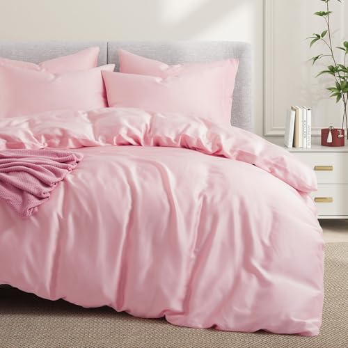 VACVELT 3PCS Cooling Duvet Cover Full/Queen Size, 60% Tencel Lyocell + 40% Cotton Comforter Cover Set for Hot Sleeper, Moisture Wicking & Silky, Hotel Bedding Set, Soft & Breathable, Blush Pink VACVELT