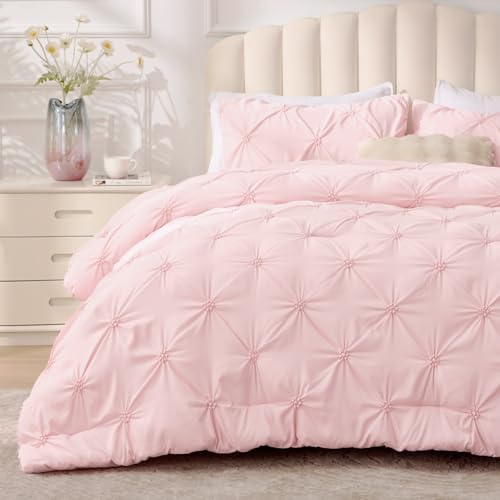 BEDELITE Baby Pink Queen Comforter Set - 3 Pieces Boho Pintuck Bedding Comforter Sets, Lightweight Soft & Warm Bed Comforter Queen with 2 Pillowcases for All Season BEDELITE