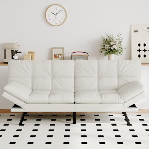 AMICLIBER Futon Sofa Bed Convertible Couch, White Faux Leather Sofa Bed with Memory Foam, Adjustable Backrest & Armrests, Multifunctional Small Loveseat Sleeper Sofa for Living Room, Apartment, Office AMICLIBER