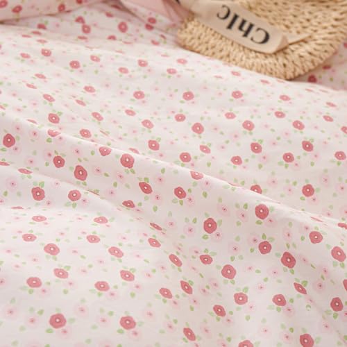 EAVD French Style Garden Pink Floral Comforter Set Full Girls Fluffy Soft Microfiber Chic Shabby Floral Bedding Set with 2 Pillowcases Fresh Ruffled Botanical Comforter Set for All-Season EAVD