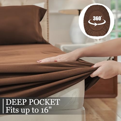 Yibeizi Twin Sheets Set, Brown Cooling Hypoallergenic Microfiber Single Bed Sheets, Soft Oeko-Tex Extra Deep Pocket Sheets & Pillowcases Wrinkle Free Bedsheets Yibeizi