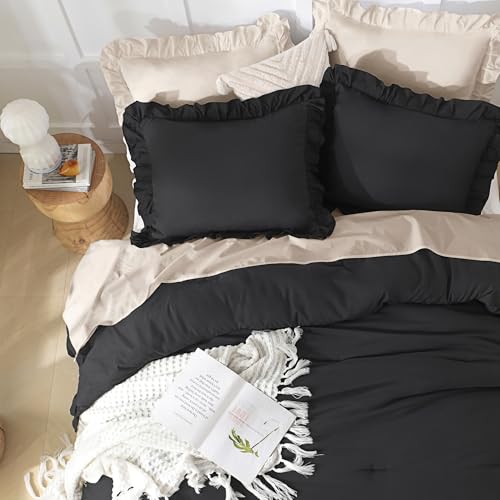 Andency Black King Size Comforter Set, 3 Pieces Farmhouse Shabby Chic Bedding Comforters & Sets, Soft Fluffy Lightweight All Season Down Alternative Bed Blanket Set Andency