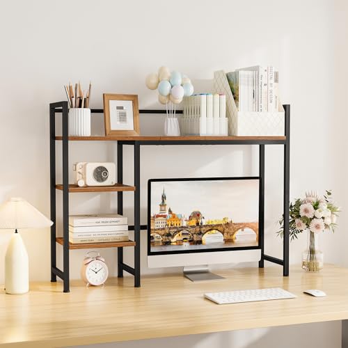 Snughome Desk Shelf, 38.6" Desktop Organizer Shelf, Desk Hutch for Computer Monitor, 4 Tier Desk Display Rack, Wood Desktop Bookshelf Storage Rack for Home Office Dorm, Rustic Brown Snughome