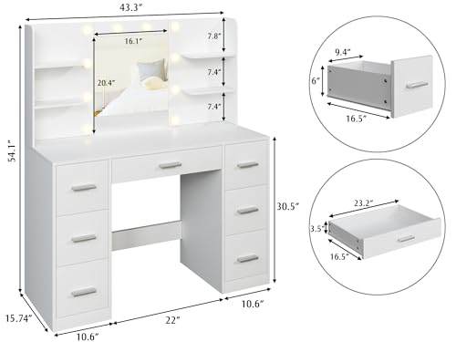 YESHOMY Vanity Desk with Mirror, Power Outlet and 10 Lights, Makeup Table with 7 Drawers, 3 Color Modes Available for Bedroom, Clear White YESHOMY