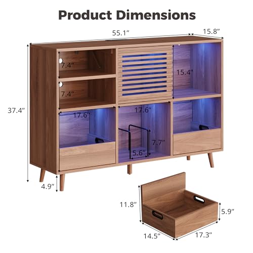IRONCK Mid Century Modern Record Player Stand, Holds 1000+ Vinyl Records with 2 Drawers, Large Turntable Stand with Charging Station & LED Light, Suitable for Living Room & Entertainment Room, Brown IRONCK