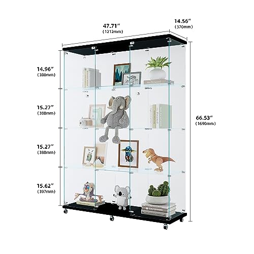 Glass Display Cabinet with 12 Shelves with 3 Columns, 4 Tier Curio Cabinet with Doors, Fast Installation, Floor Standing Tempered Glass Collection Display Showcase for Bedroom, Living Room (Black-A) AONYAYBM