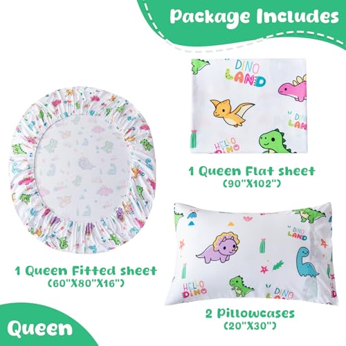 Swiftify Queen Sheet Set for Kids Boys & Girls, 4-Piece Bed Sheet Set for Teens Boys Girls, Cartoon Printed Bedding Set, Microfiber Deep Pocket, Wrinkle & Fade Resistant, Cute Dinosaur Swiftify