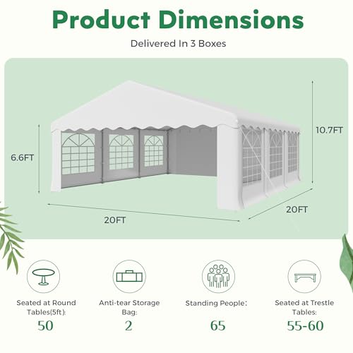 EROMMY 20x20ft Party Tent, Heavy Duty Large Wedding Canopy Outdoor Carport with 6 Removable Sidewalls, 2 Roll-up Doors, 2 Storage Bags, Gazebo Shelter Tent for Party Event Commercials, White EROMMY
