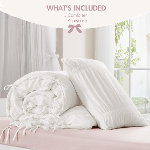 Intelligent Design Twin Comforter Set Ruched Shabby Chic Comforters for Twin Size Bed, All Season Lightweight Comforter Twin, French Country Bedding Set, Sham, Ella, Twin/Twin XL, White, 2 Piece Intelligent Design