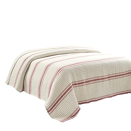 Lush Decor Farmhouse Stripe Kantha Pick Stitch Cotton Quilt/Coverlet Single Full/Queen, Red - Striped Bedding Queen Quilt - Queen Blanket For Bed Lush Decor