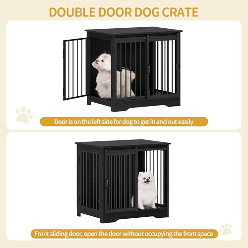Hzuaneri 27.2" Dog Crate Furniture with Barn Door, Heavy Duty Dog Kennel Indoor with 2 Doors, Wooden Pet Cage End Table for Small Medium Dogs up to 22 lb, Anti-Chew Anti-Escape, Black DFC84304B Hzuaneri