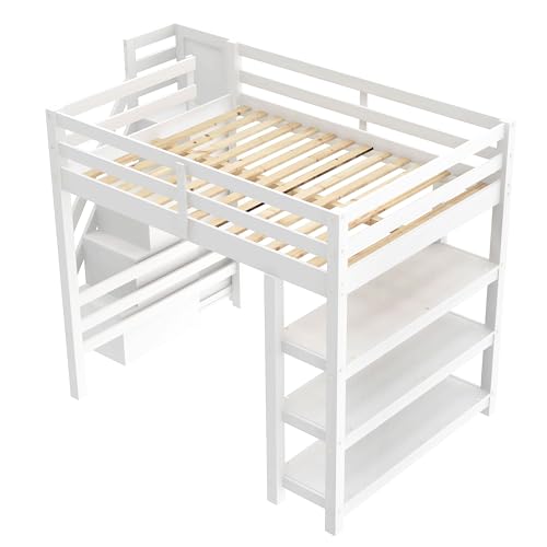 Harper & Bright Designs Full Size Loft Bed with Stairs and LED Lights, Wood Full Loft Bed with Storage Shelves and Wardrobe, Loft Bed Frame with Guardrails for Kids Girls Boys, White Harper & Bright Designs