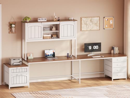 SEDETA Farmhouse L Shaped Office Desk with 6 Drawer, Reversible Computer Desk with Power Outlet, Hutch for Home Office/Two Person, Corner Desk with File Drawer & Printer Storage Shelves, White SEDETA