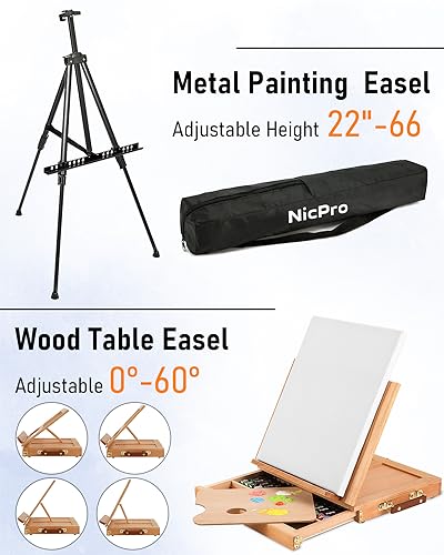 Nicpro 158PCS Deluxe Large Painting Kit with Metal and Solid Beech Wood Easel, Acrylic, Oil & Watercolor Paint Set, Paint Brushes, Canvases, Palette, Paper Pad, Professional Art Set for Adults Artist Nicpro