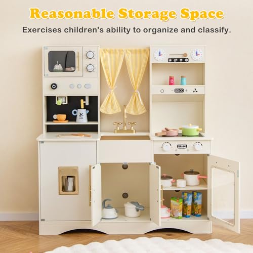 INFANS Kids Kitchen Playset, Cooking Toy Kitchen Set with Coffee Machine Stove Removable Sink Microwave Storage Cabinet, Simulation Wooden Play Kitchen for Toddler Boys Girls (Cream White) INFANS