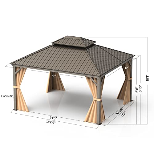 Domi 12x16FT Hardtop Gazebo with Netting & Curtains, Outdoor Aluminum Frame Gazebo with Galvanized Steel Double Roof, Outdoor Permanent Metal Pavilion for Patio Deck Lawn and Garden, Brown domi outdoor living