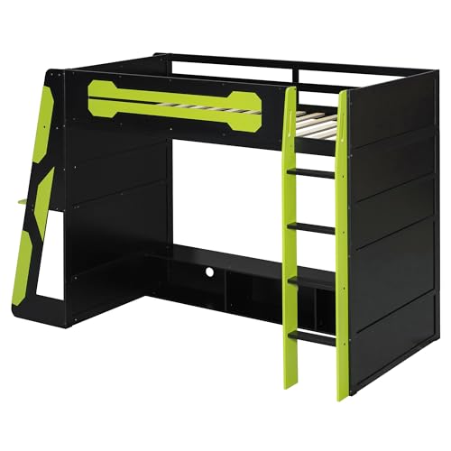 Merax Twin Size Gaming Loft Bed with Desk and Multi-Storage Shelves, Wooden Loft Bed Frmae with Light, Space-Saving Bed with Safety Guardrail Merax