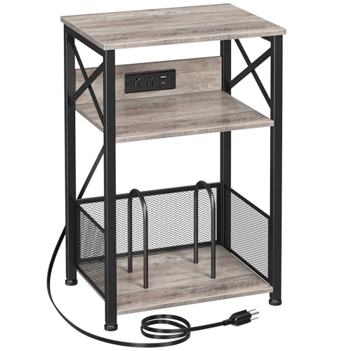 AMHANCIBLE Record Player Stand with Charging Station, Turntable Stand with Storage Cabinet, 3 Tier End Table Hold Up to 100 Albums, Record Stand for Vinyl, Living Room, Greige, HETCD01GY-1 AMHANCIBLE