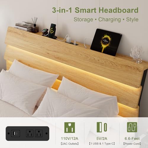 Feonase Floating Bed Frame King with Led Lights and Charging Station, Wood Full Size Bed Frame with Storage Headboard, Heavy Duty Metal Slats, No Box Spring Needed, Easy Assembly,Oak Feonase