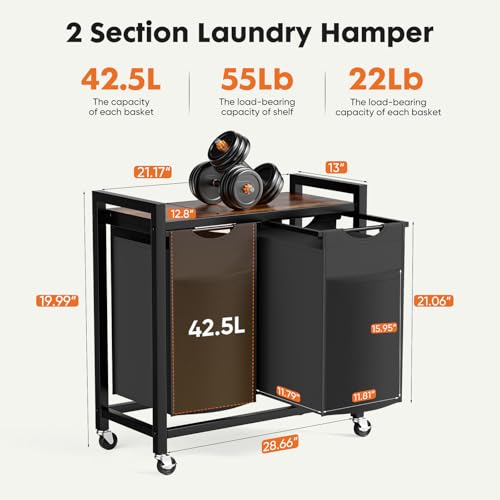 Sweetcrispy Laundry Hamper with 2 Pull-Out Removable Sorter Bags 2 × 13.1Gal (99L) Capacity, Movable Wheels, Freestanding Clothes Basket Organizer in Bathroom, Rustic Brown and Black Sweetcrispy
